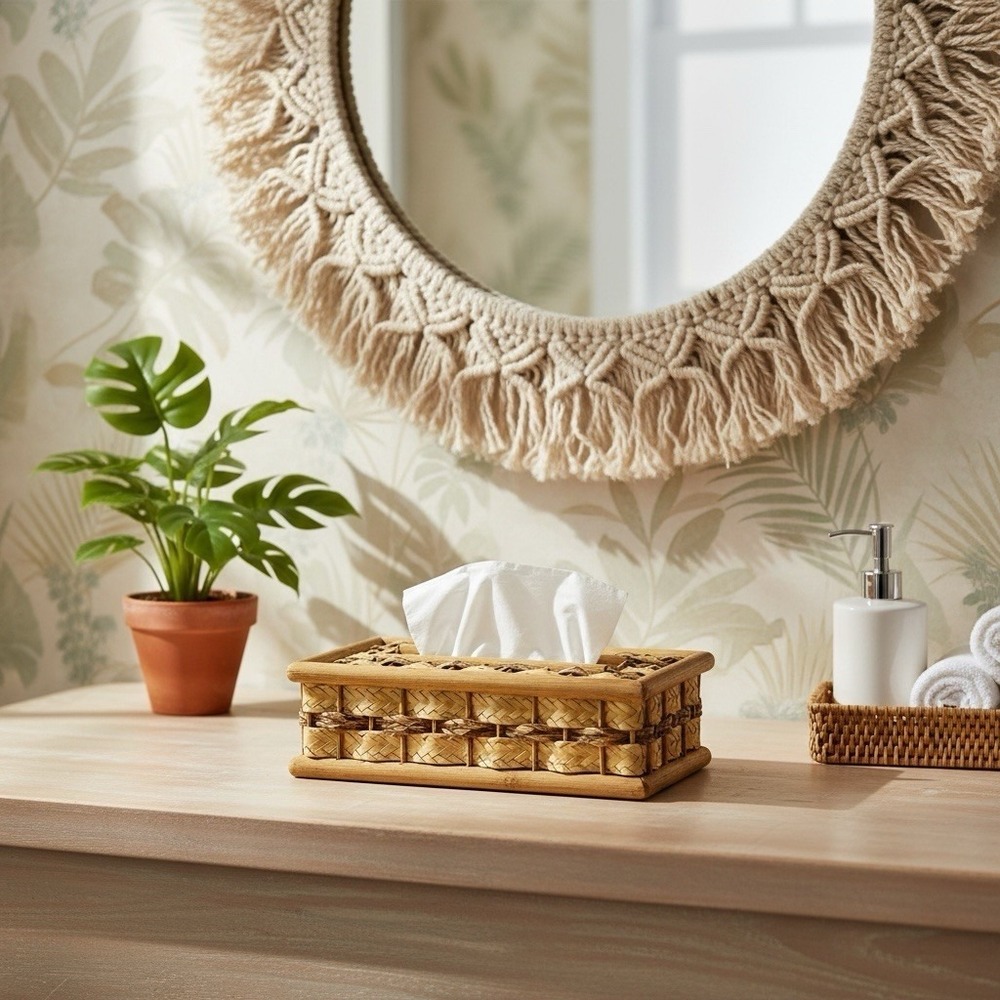 Vintage‎ Wicker Rattan Tissue Box Cover Boho Coastal Bathroom Decor MCM